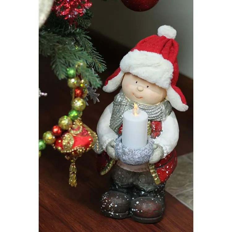 17" Red and White Standing Young Boy in Winter Ski Hat Holding Candle Christmas Figurine