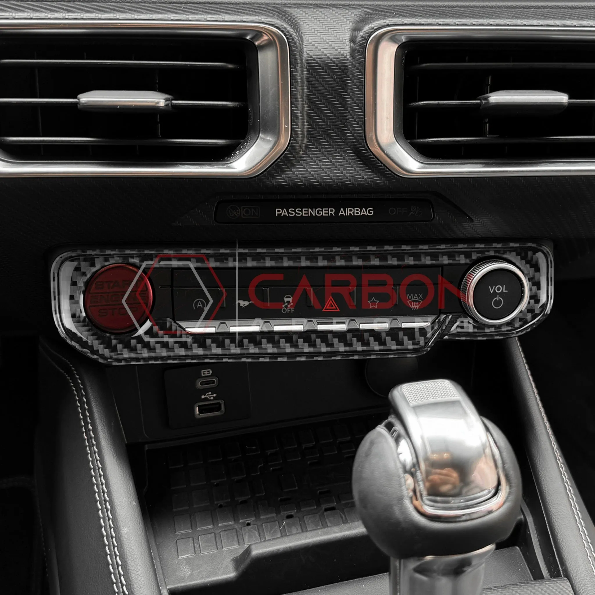 2024  S650 Ford Mustang Real Carbon Fiber Start and Control Button Trim Overlay