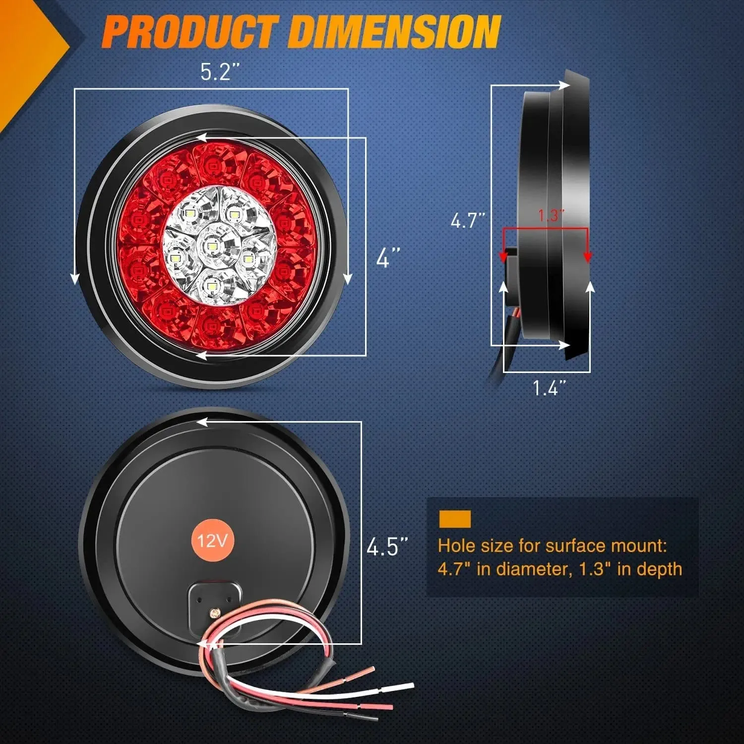 4 Inch White Red Round 16Leds Tail Light Flush Mount Grommets (Pair)