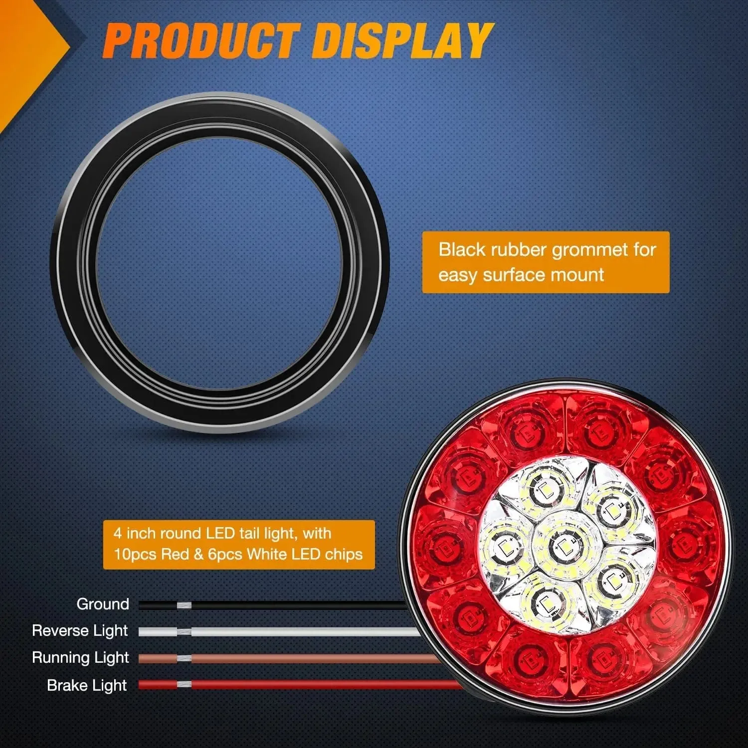 4 Inch White Red Round 16Leds Tail Light Flush Mount Grommets (Pair)