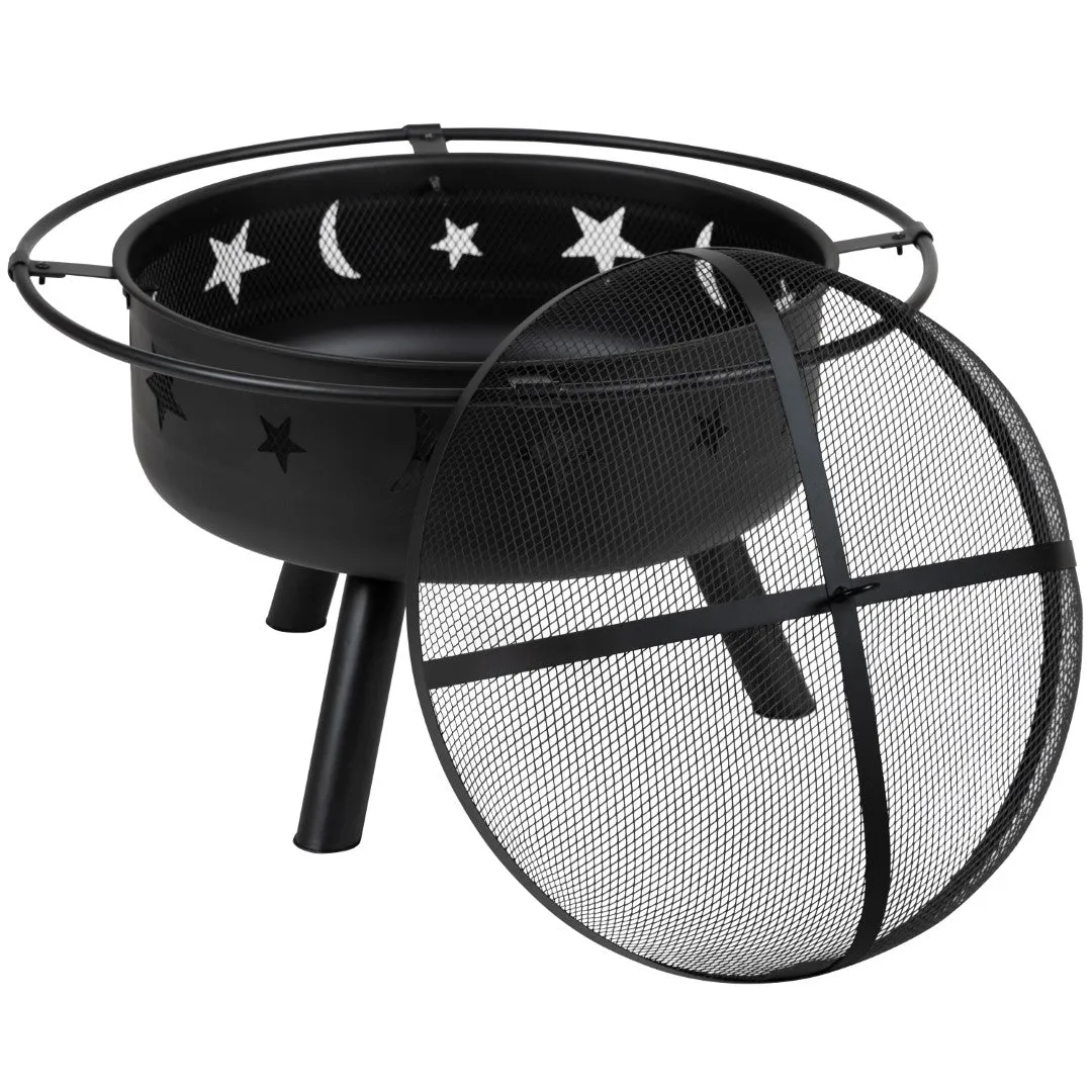 5 Piece Commercial Commercial Poly Resin Wood Adirondack Chair Set with Fire Pit - Star and Moon Fire Pit with Mesh Cover