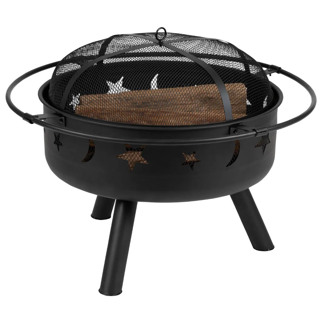 5 Piece Commercial Commercial Poly Resin Wood Adirondack Chair Set with Fire Pit - Star and Moon Fire Pit with Mesh Cover