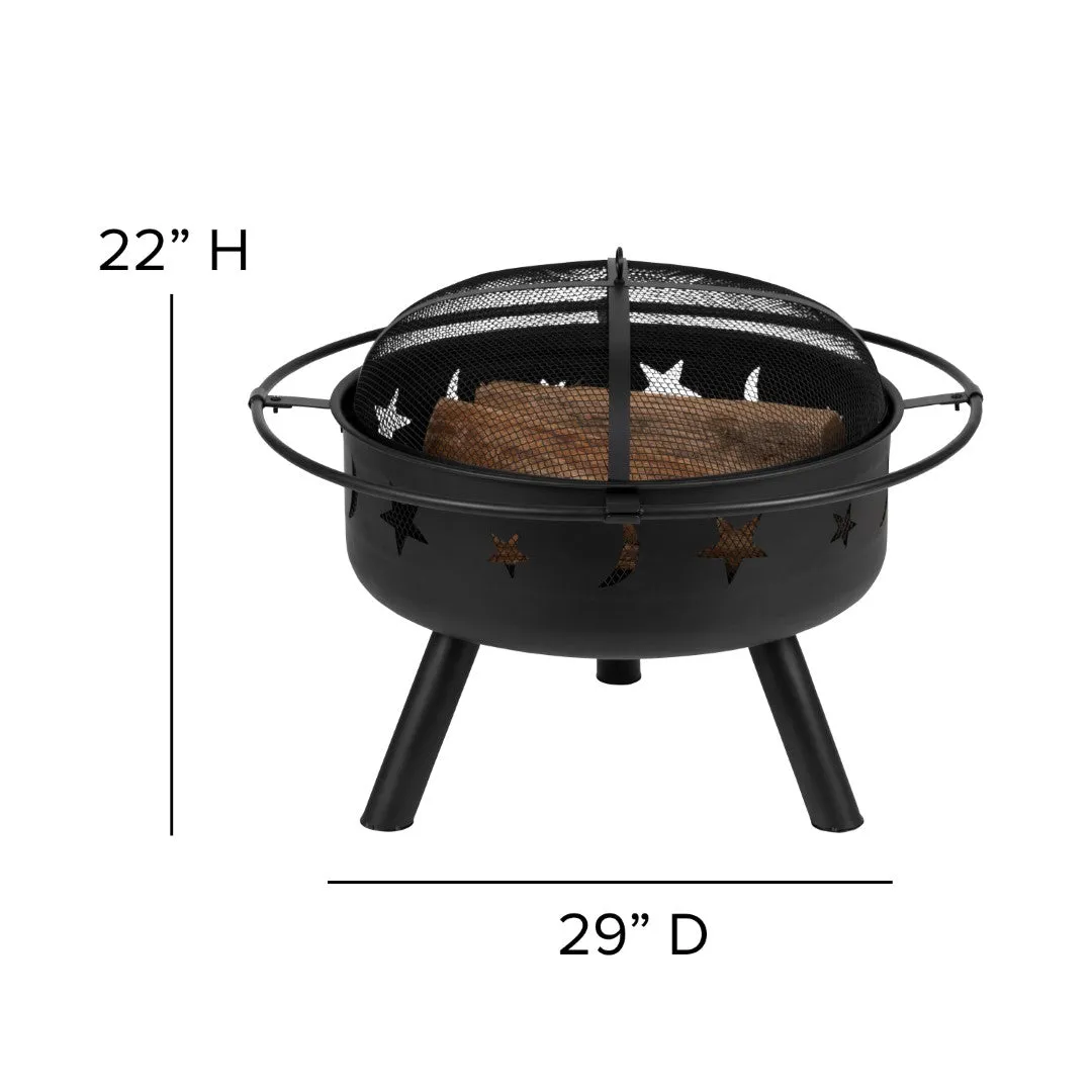 5 Piece Commercial Commercial Poly Resin Wood Adirondack Chair Set with Fire Pit - Star and Moon Fire Pit with Mesh Cover