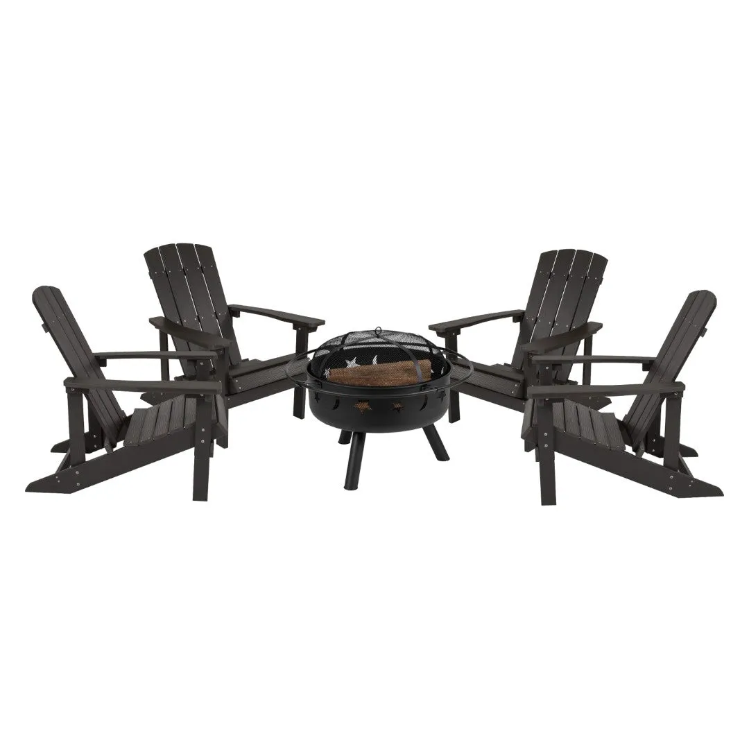 5 Piece Commercial Commercial Poly Resin Wood Adirondack Chair Set with Fire Pit - Star and Moon Fire Pit with Mesh Cover
