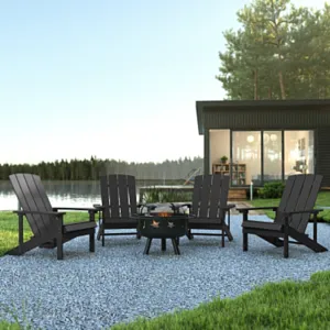 5 Piece Commercial Commercial Poly Resin Wood Adirondack Chair Set with Fire Pit - Star and Moon Fire Pit with Mesh Cover