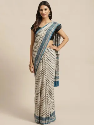 Beige Printed Cotton Saree