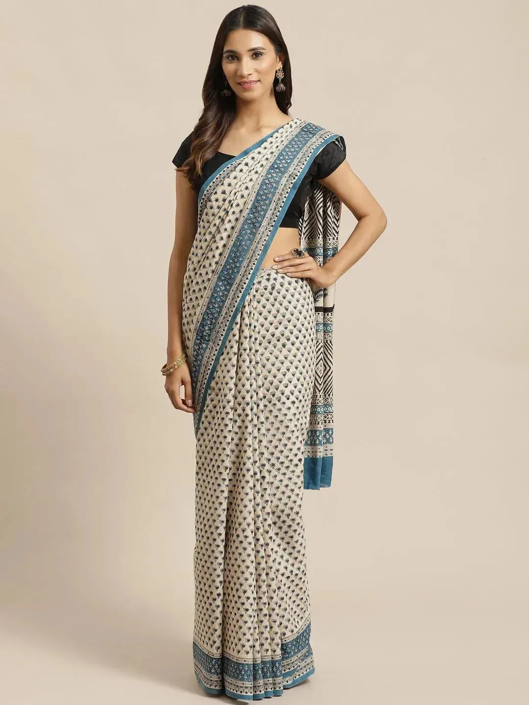 Beige Printed Cotton Saree