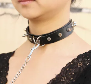 Black Leather Collar w/ Single Row of Silver Spikes and Removable Leash