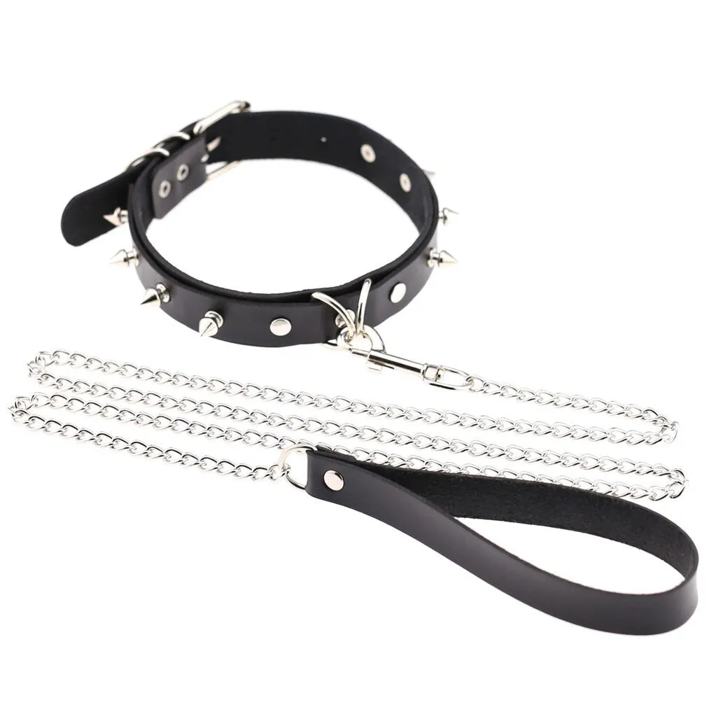 Black Leather Collar w/ Single Row of Silver Spikes and Removable Leash