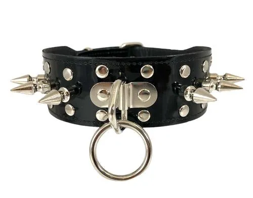 Black Patent Leather Collar w/ Silver Rivets, Spikes and Ring Details