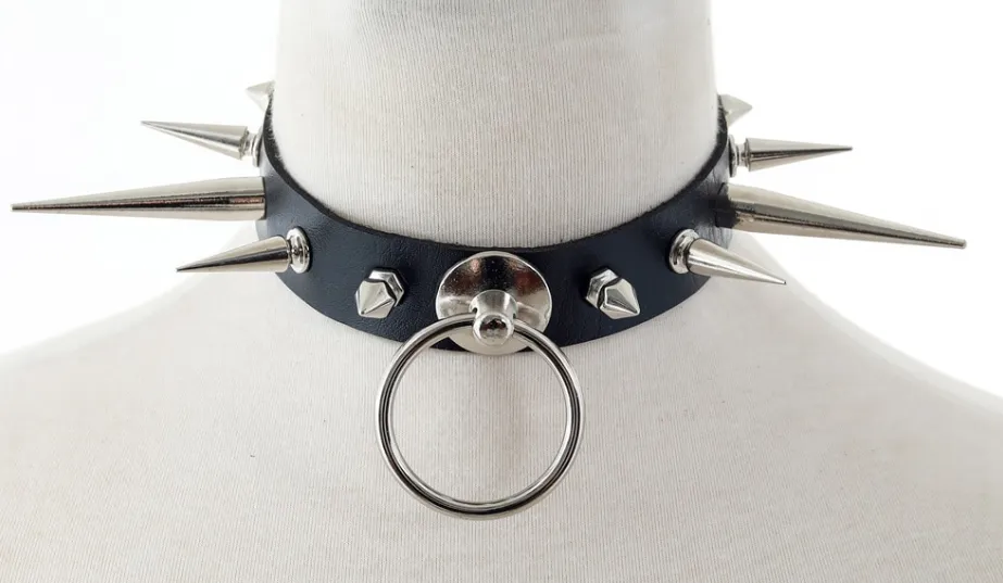 Black Vegan Leather Collar w/ Multi Sized Spikes and O Ring Detail