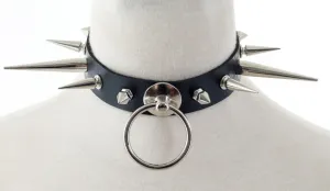 Black Vegan Leather Collar w/ Multi Sized Spikes and O Ring Detail