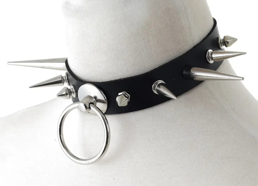 Black Vegan Leather Collar w/ Multi Sized Spikes and O Ring Detail