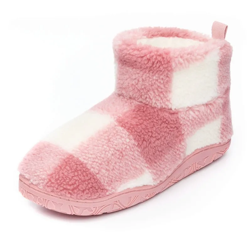 Celeste - Shorter Length Check Sherpa Slipper Boot - Pink Check