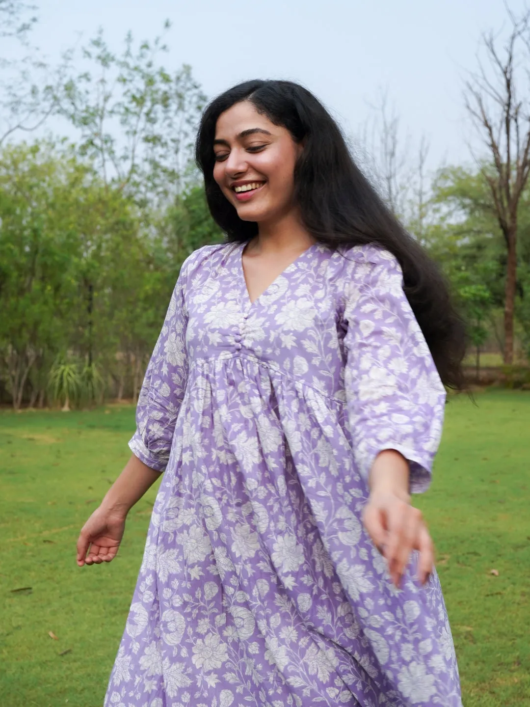 Lavender Printed Flared Cotton Dress