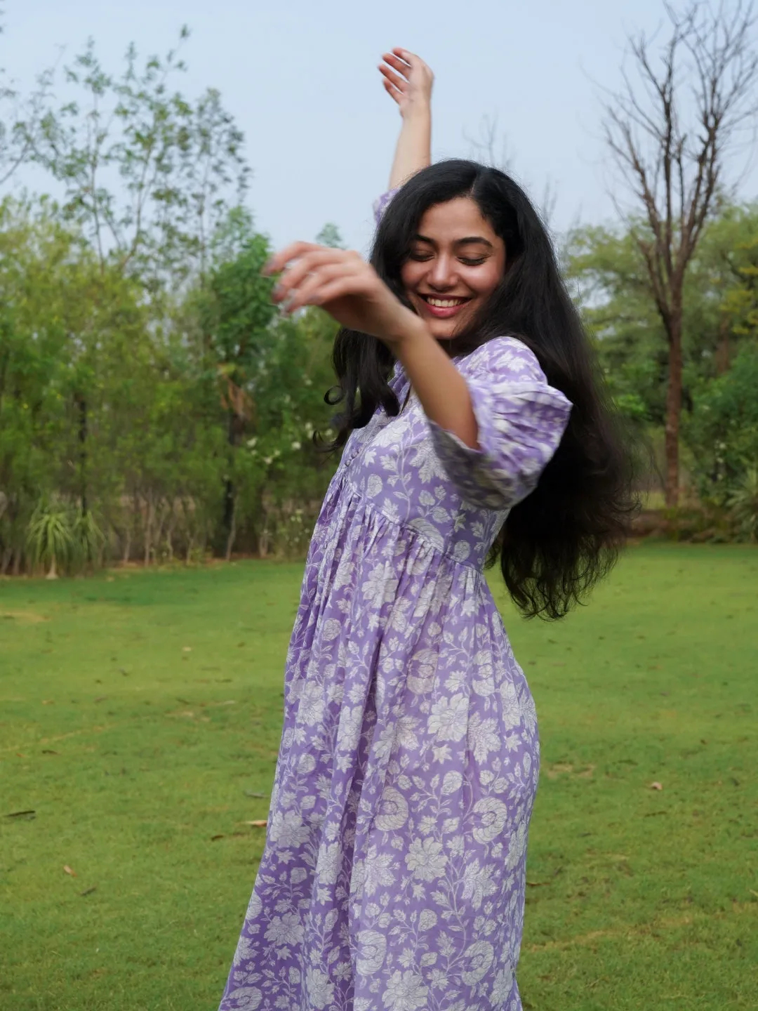 Lavender Printed Flared Cotton Dress