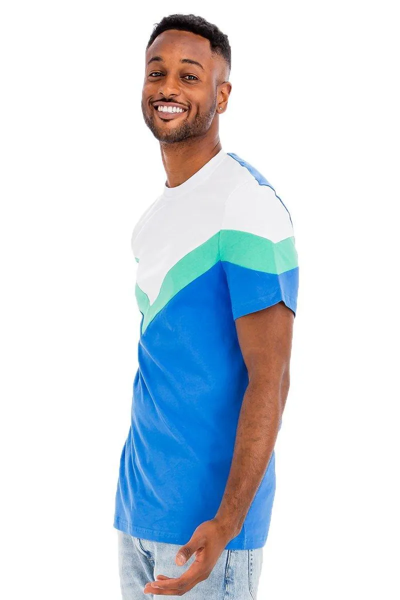 Mens Blue Multi Chevron Color Block Shirt