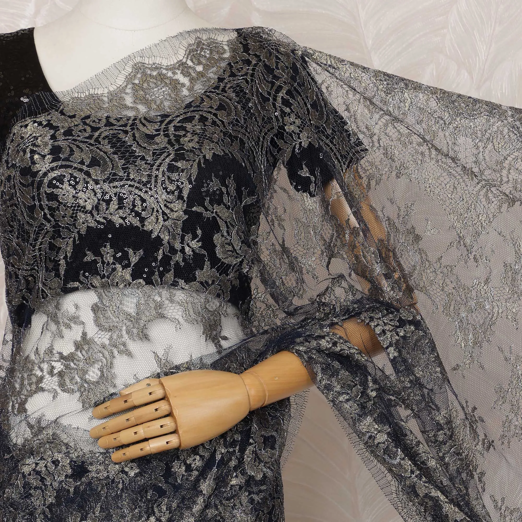 Navy Blue and Silver Metallic Premium French Chantilly Saree Lace - 5.5 Meters, Floral Design, 110 cm Width-D20773