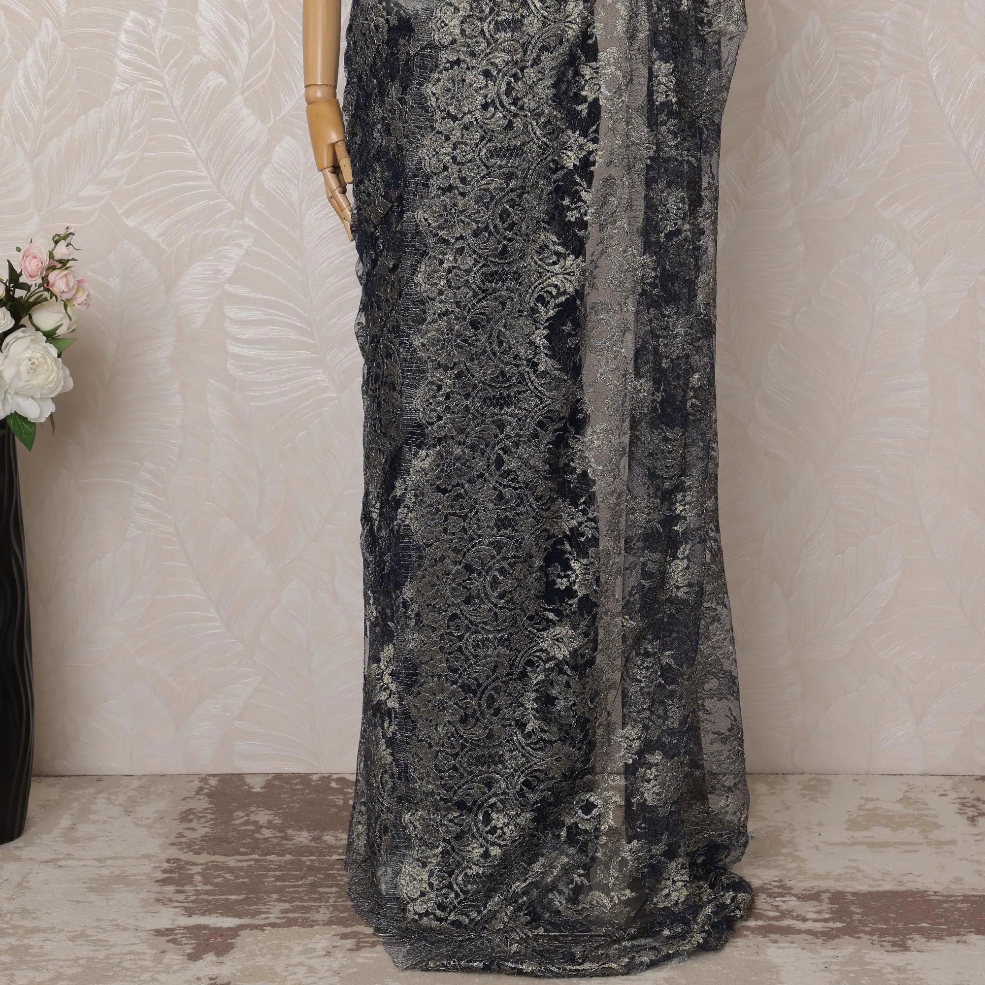 Navy Blue and Silver Metallic Premium French Chantilly Saree Lace - 5.5 Meters, Floral Design, 110 cm Width-D20773