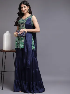 Navy Blue Golden Sequins Chinon Sharara with Matching Dupatta