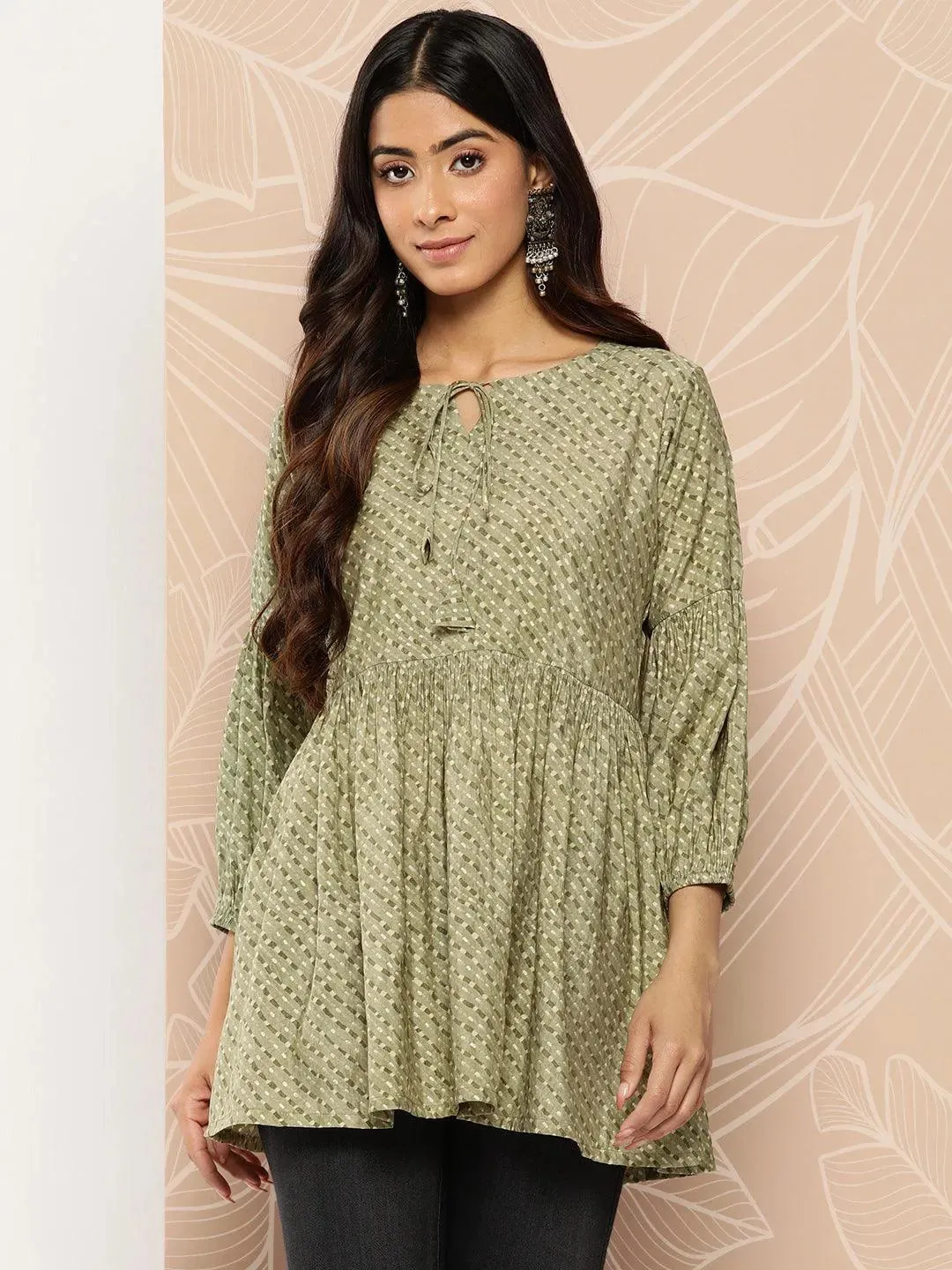 Olive Printed Silk Blend A-Line Kurti