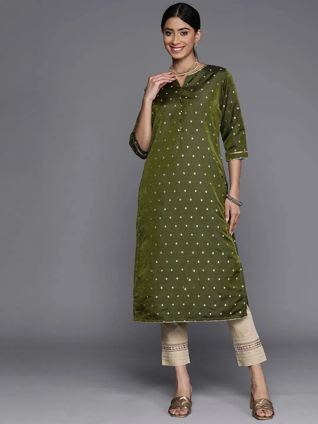 Olive Woven Design Art Silk Straight Kurta
