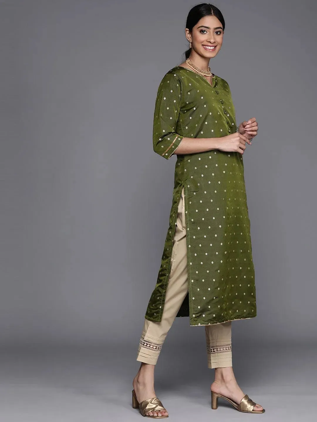 Olive Woven Design Art Silk Straight Kurta