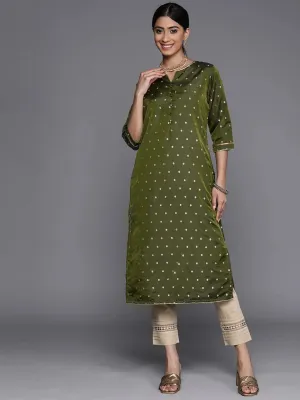 Olive Woven Design Art Silk Straight Kurta