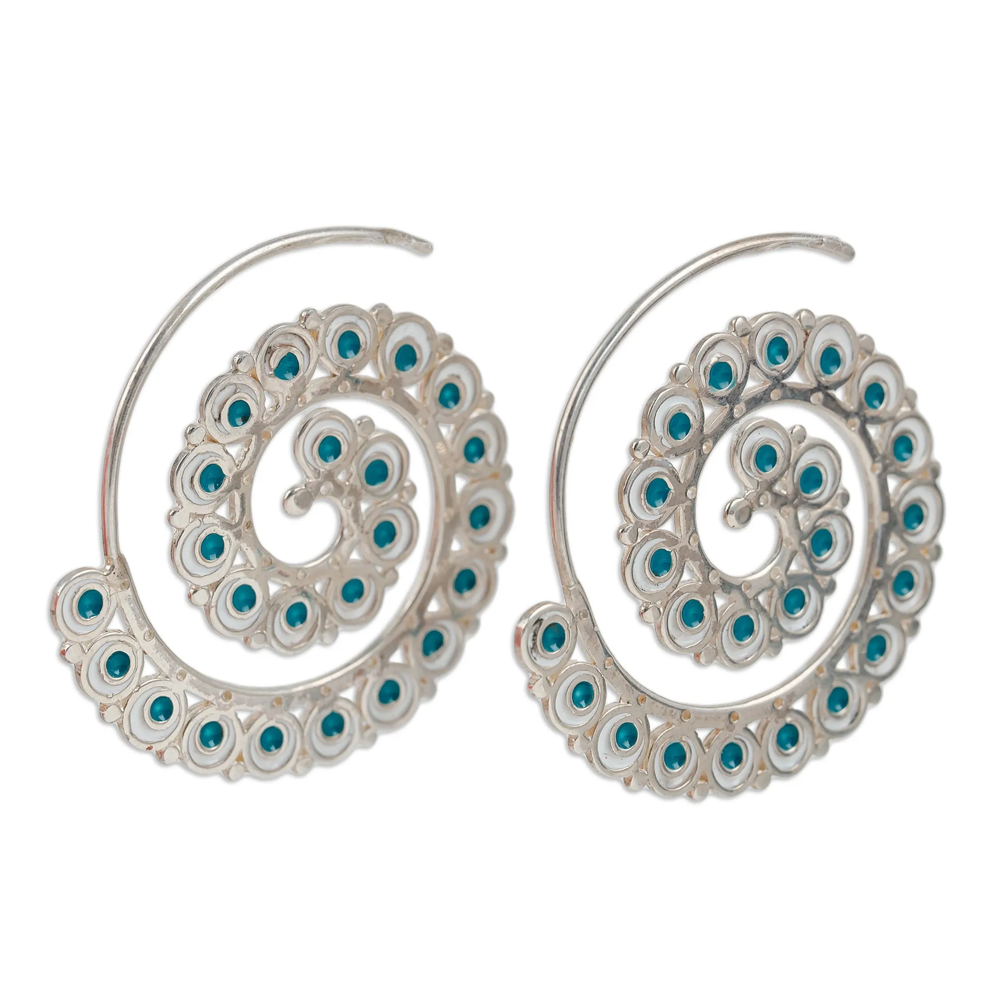 Peacock-Inspired Teal Sterling Silver Half-Hoop Earrings - Uzbekistan's Nimbus | NOVICA