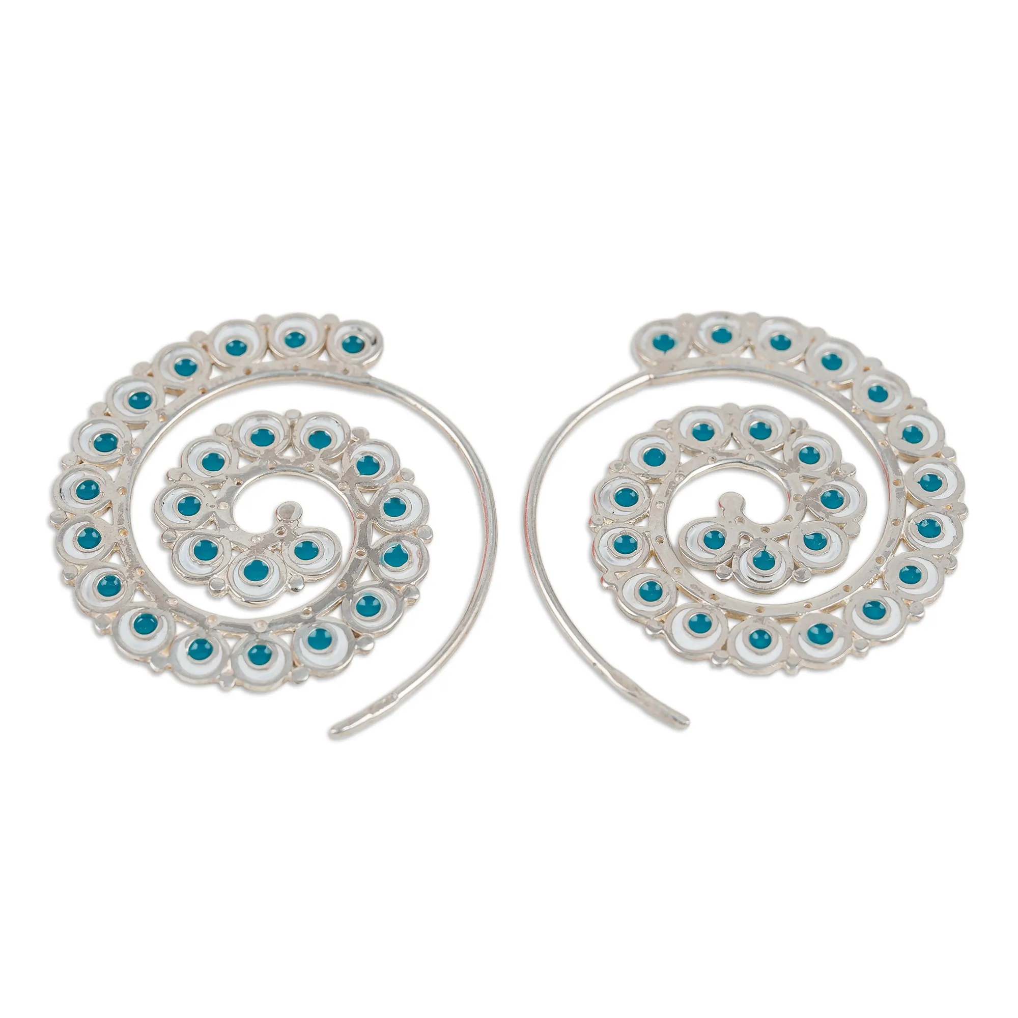 Peacock-Inspired Teal Sterling Silver Half-Hoop Earrings - Uzbekistan's Nimbus | NOVICA