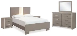 Surancha Full Panel Bed with Mirrored Dresser and 2 Nightstands in Gray