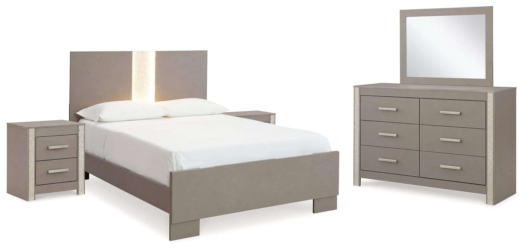 Surancha Full Panel Bed with Mirrored Dresser and 2 Nightstands in Gray