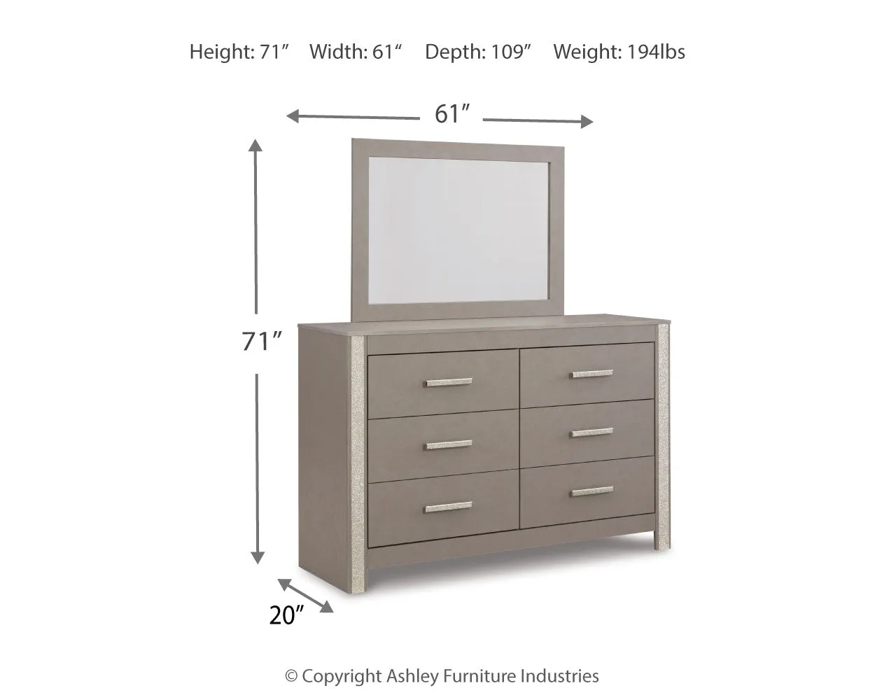 Surancha Queen/Full Panel Headboard with Mirrored Dresser, Chest and 2 Nightstands in Gray