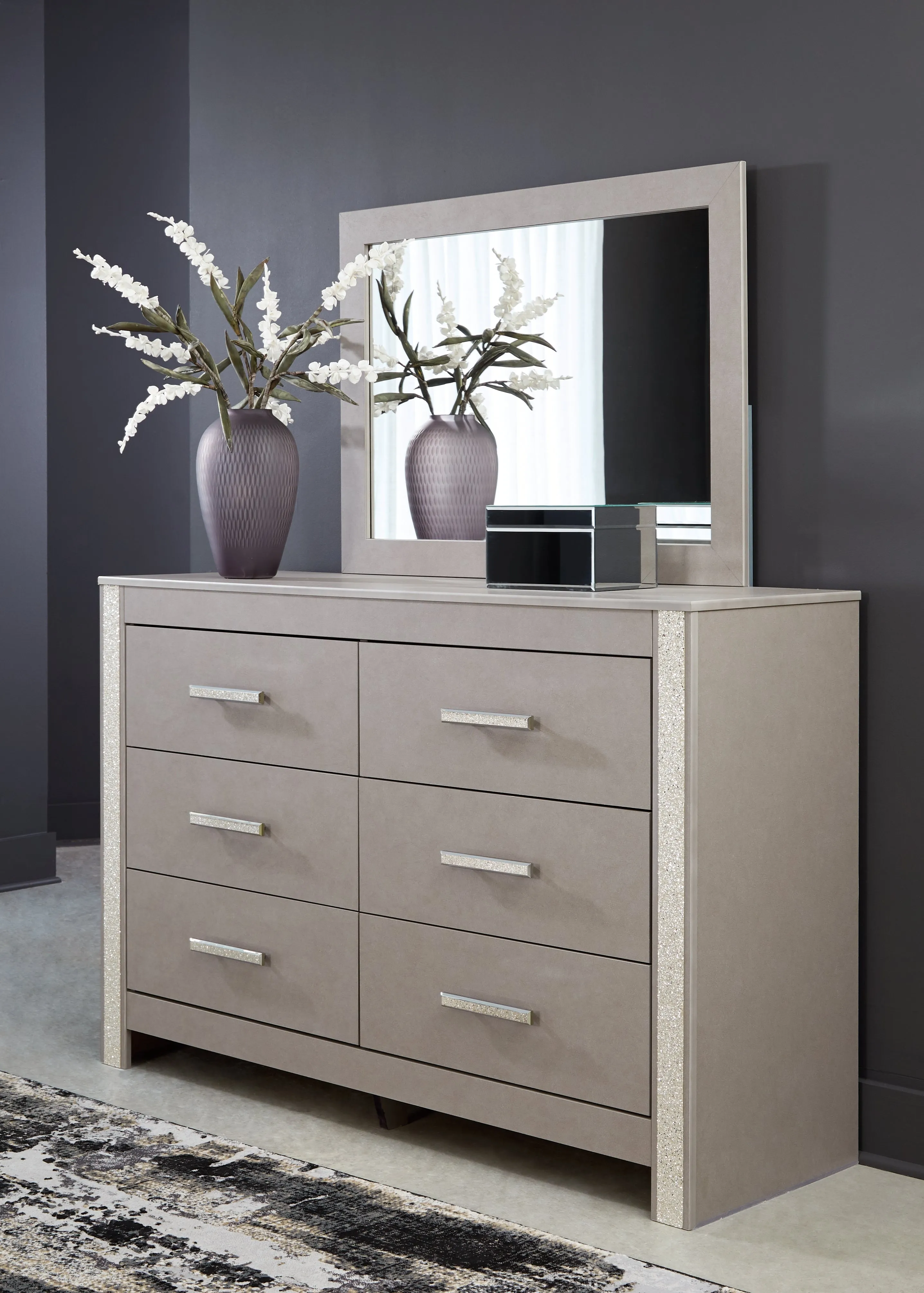 Surancha Queen/Full Panel Headboard with Mirrored Dresser, Chest and 2 Nightstands in Gray