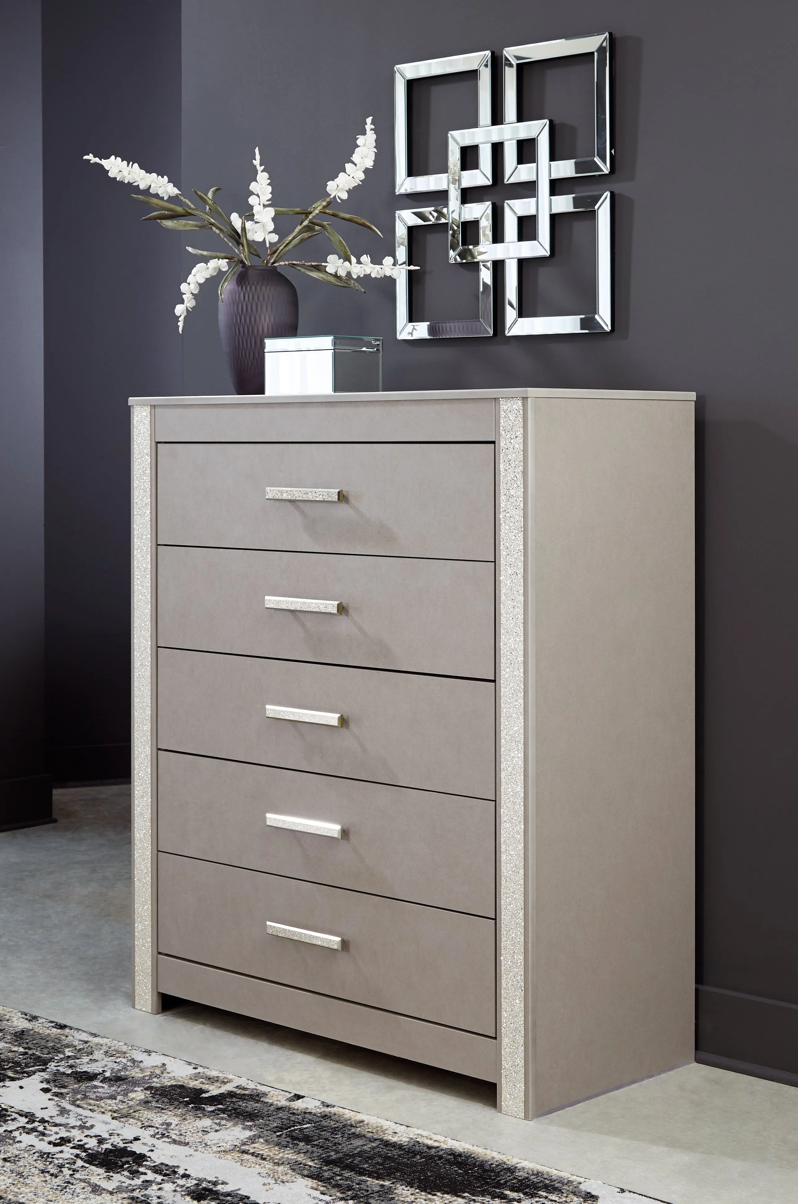 Surancha Queen/Full Panel Headboard with Mirrored Dresser, Chest and 2 Nightstands in Gray