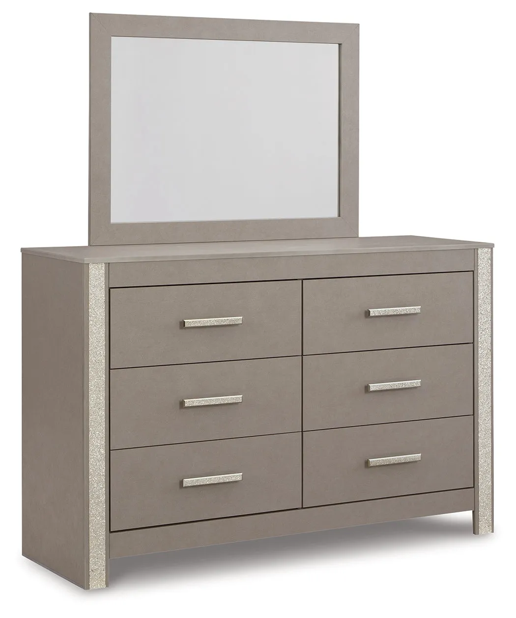 Surancha Queen/Full Panel Headboard with Mirrored Dresser, Chest and 2 Nightstands in Gray