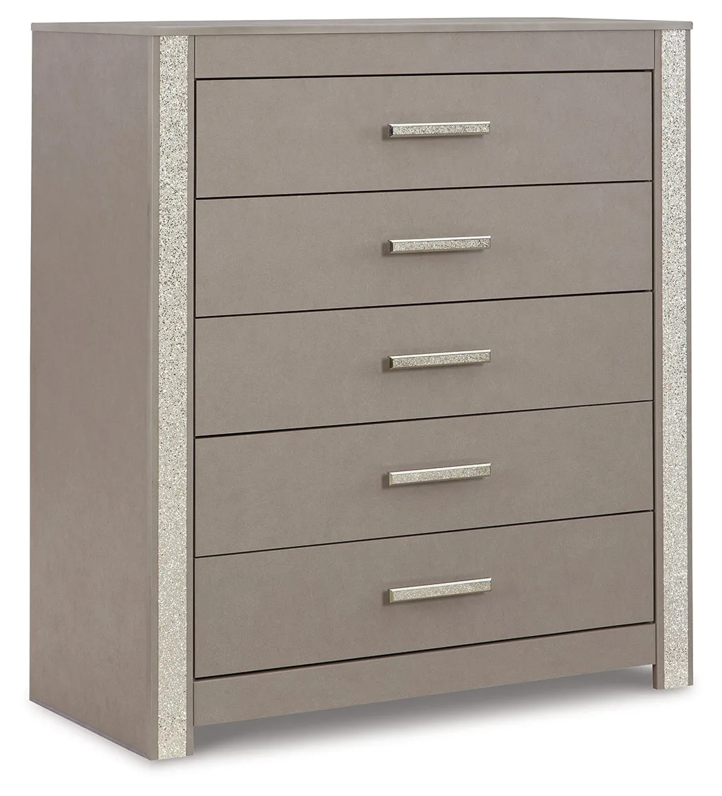 Surancha Queen/Full Panel Headboard with Mirrored Dresser, Chest and 2 Nightstands in Gray