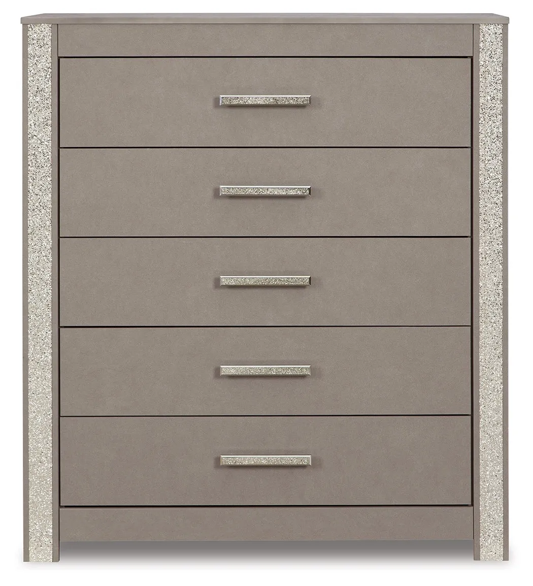 Surancha Queen/Full Panel Headboard with Mirrored Dresser, Chest and 2 Nightstands in Gray
