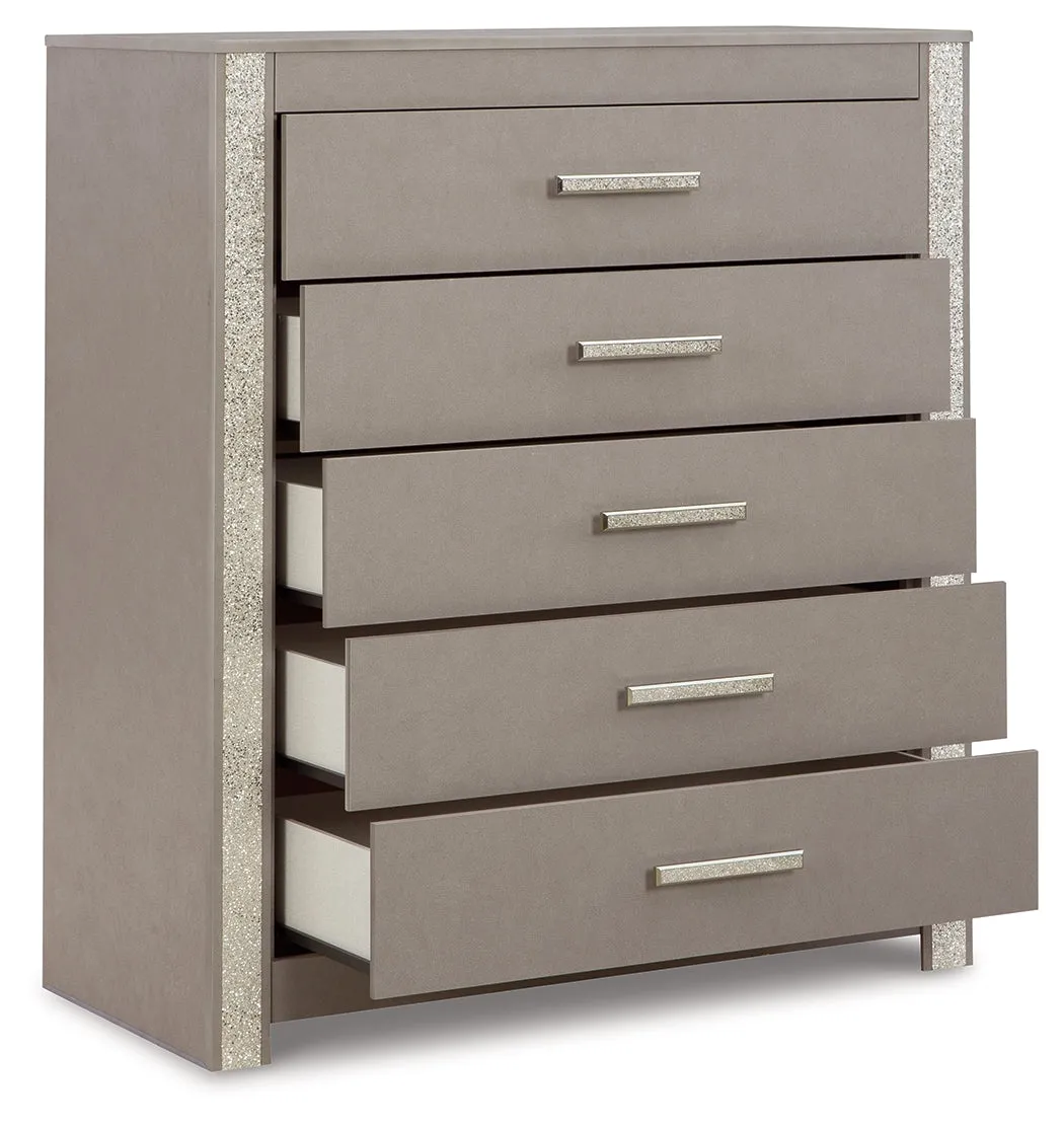 Surancha Queen/Full Panel Headboard with Mirrored Dresser, Chest and 2 Nightstands in Gray