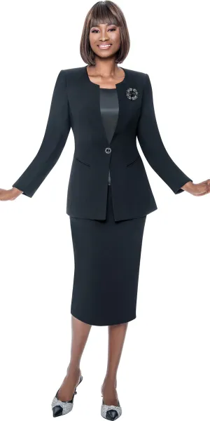 Terramina 9001 - Black - Peachskin Skirt Suit with Brooch