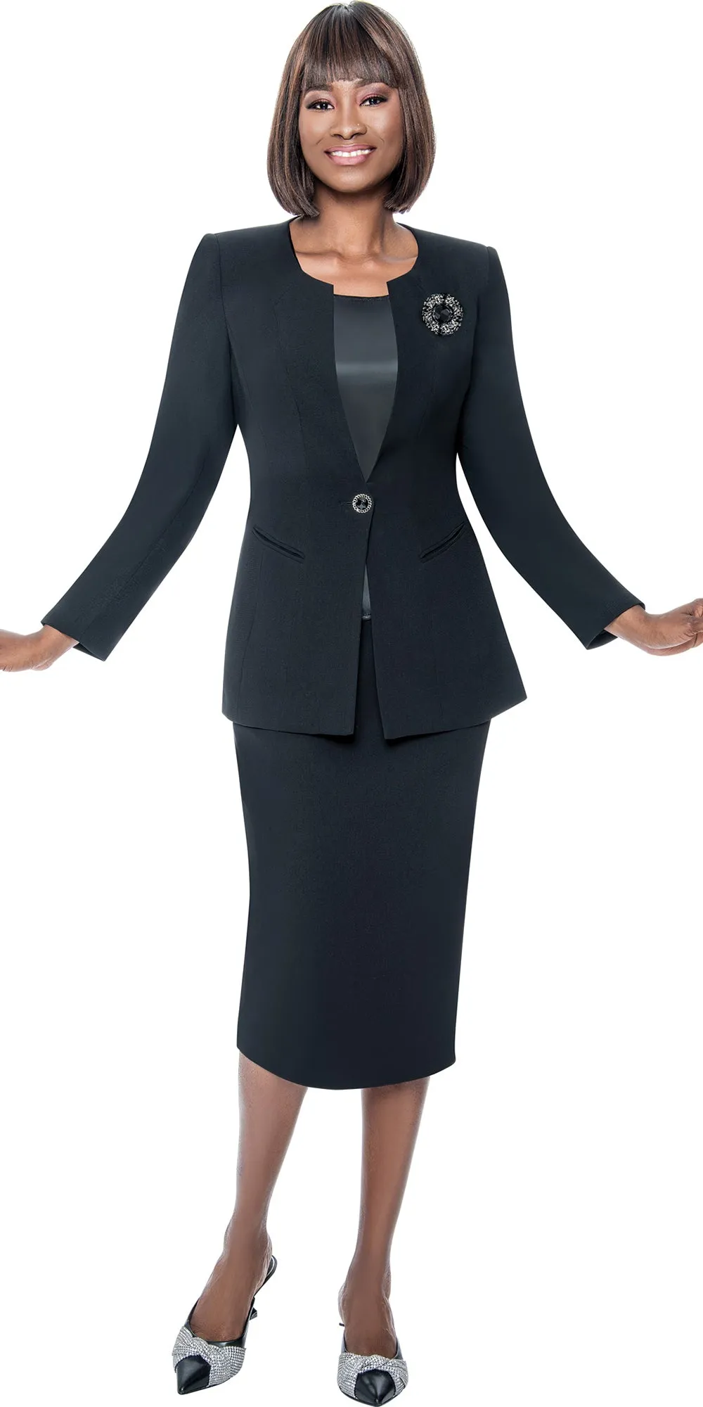 Terramina 9001 - Black - Peachskin Skirt Suit with Brooch