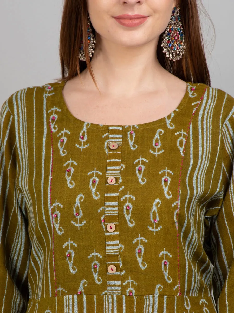 Women Olive Paisley Printed Kurta