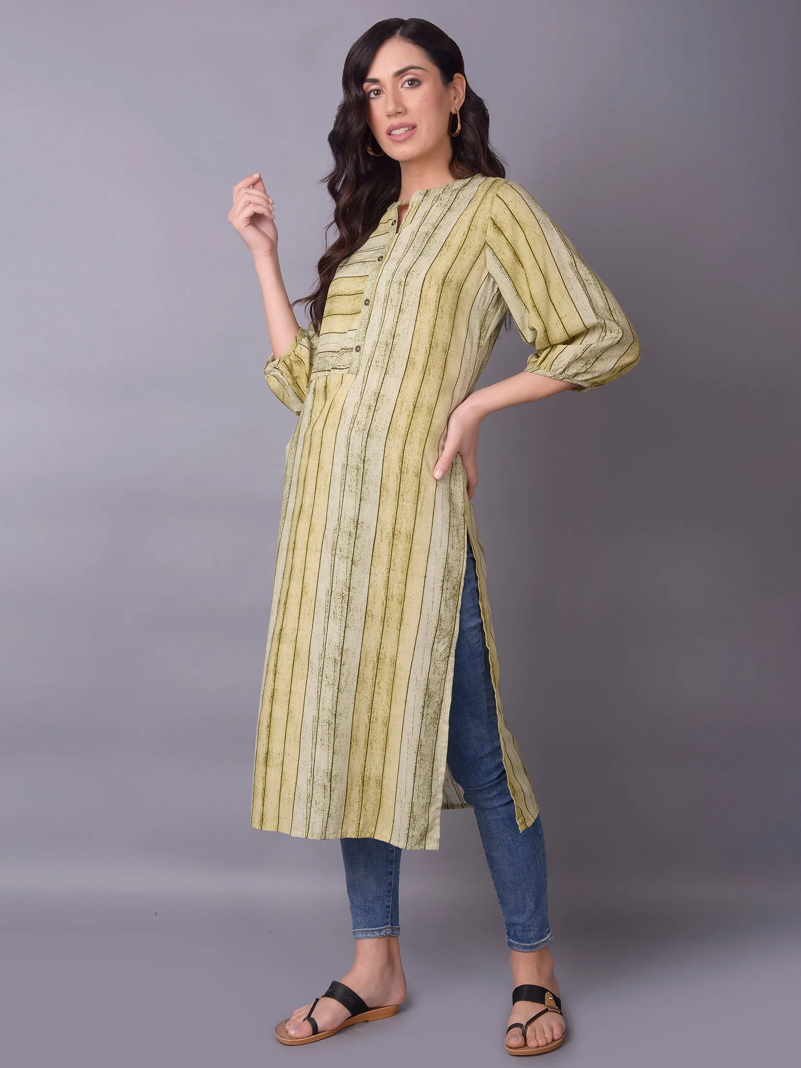 Women Olive Stripe Printed Kurta