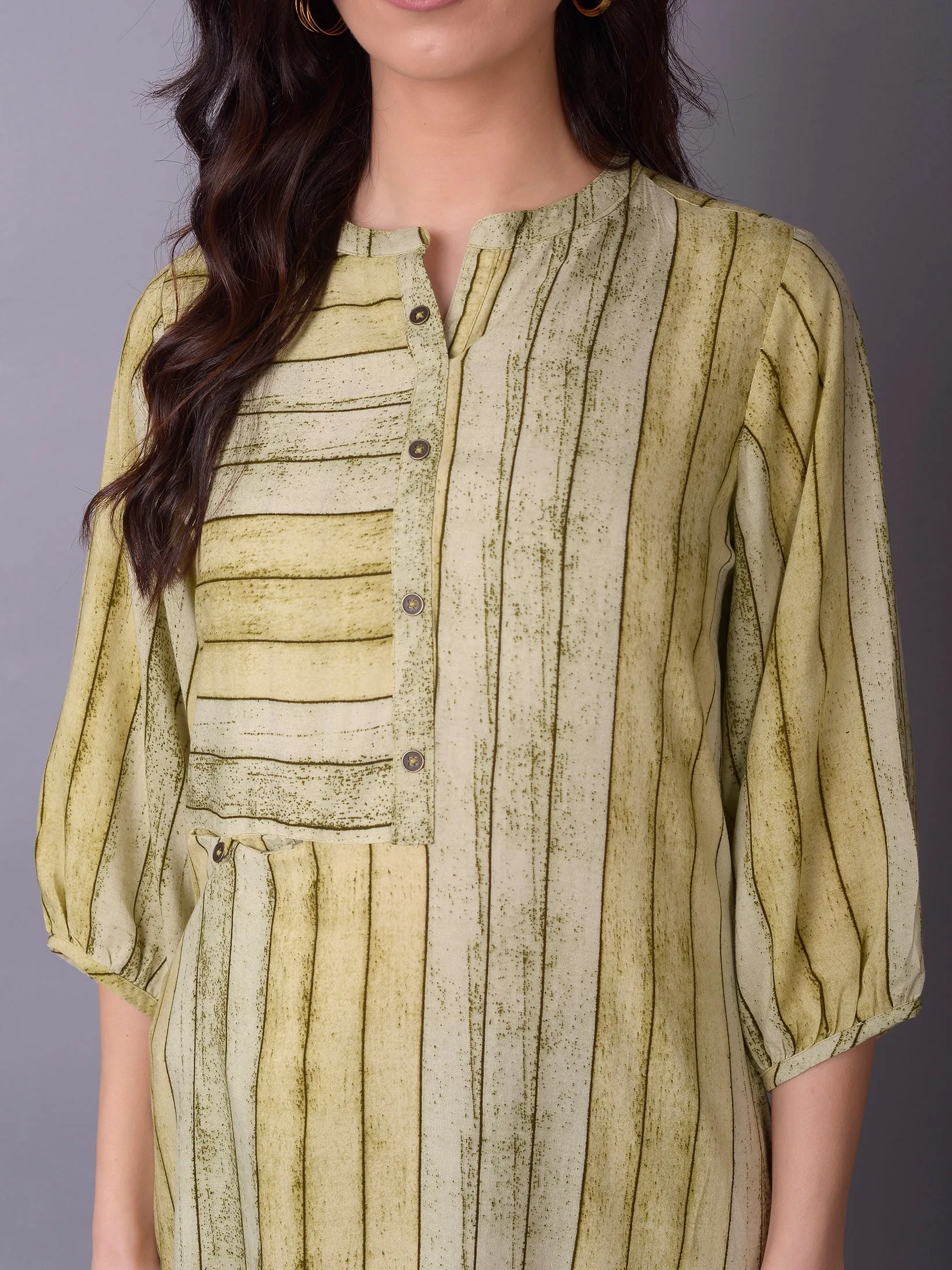 Women Olive Stripe Printed Kurta