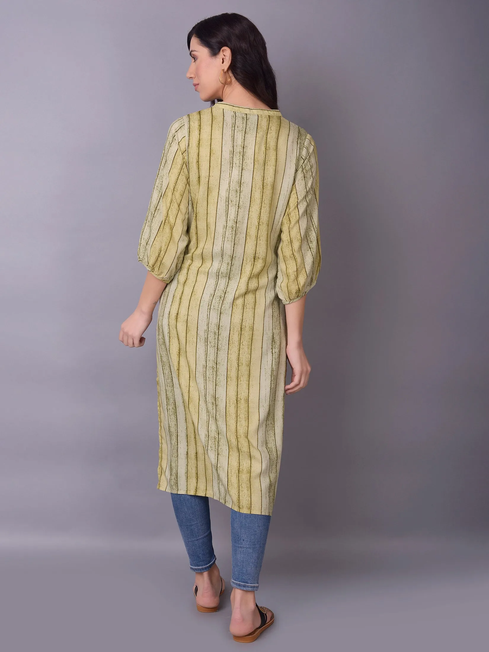 Women Olive Stripe Printed Kurta