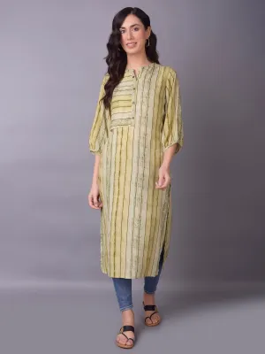 Women Olive Stripe Printed Kurta