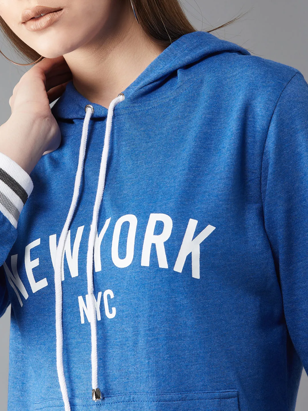 Women's Azure Blue Hooded Full Sleeves Screen Printed Eyelet Detailing Regular Length Sweatshirt