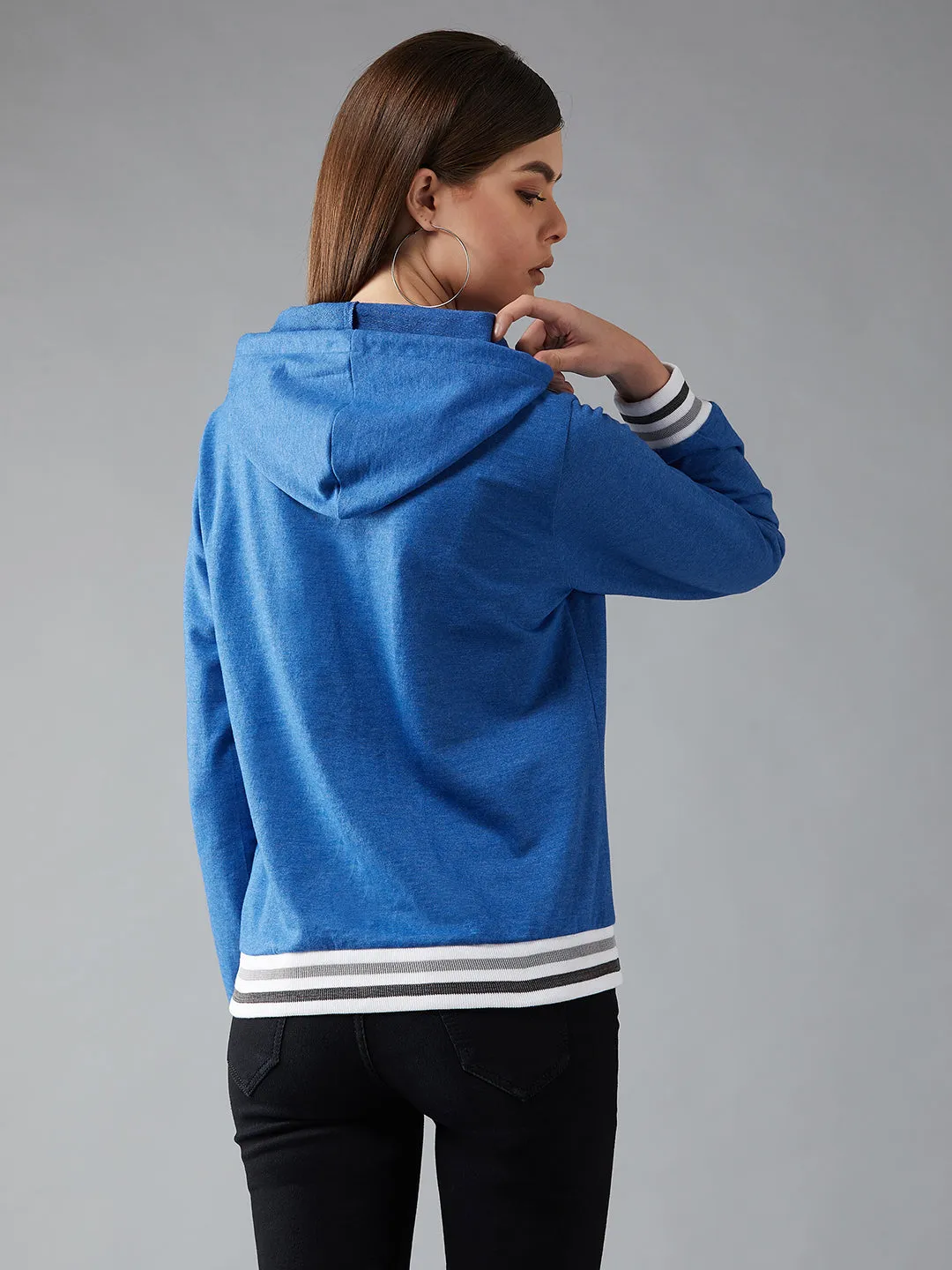 Women's Azure Blue Hooded Full Sleeves Screen Printed Eyelet Detailing Regular Length Sweatshirt