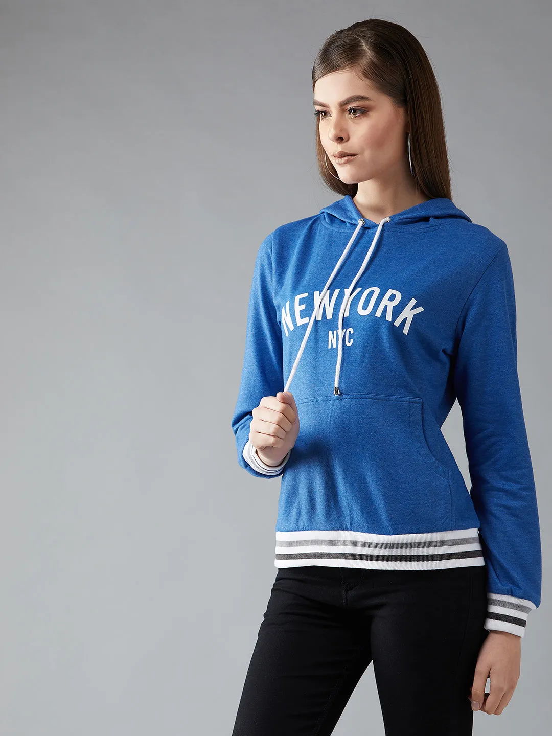 Women's Azure Blue Hooded Full Sleeves Screen Printed Eyelet Detailing Regular Length Sweatshirt